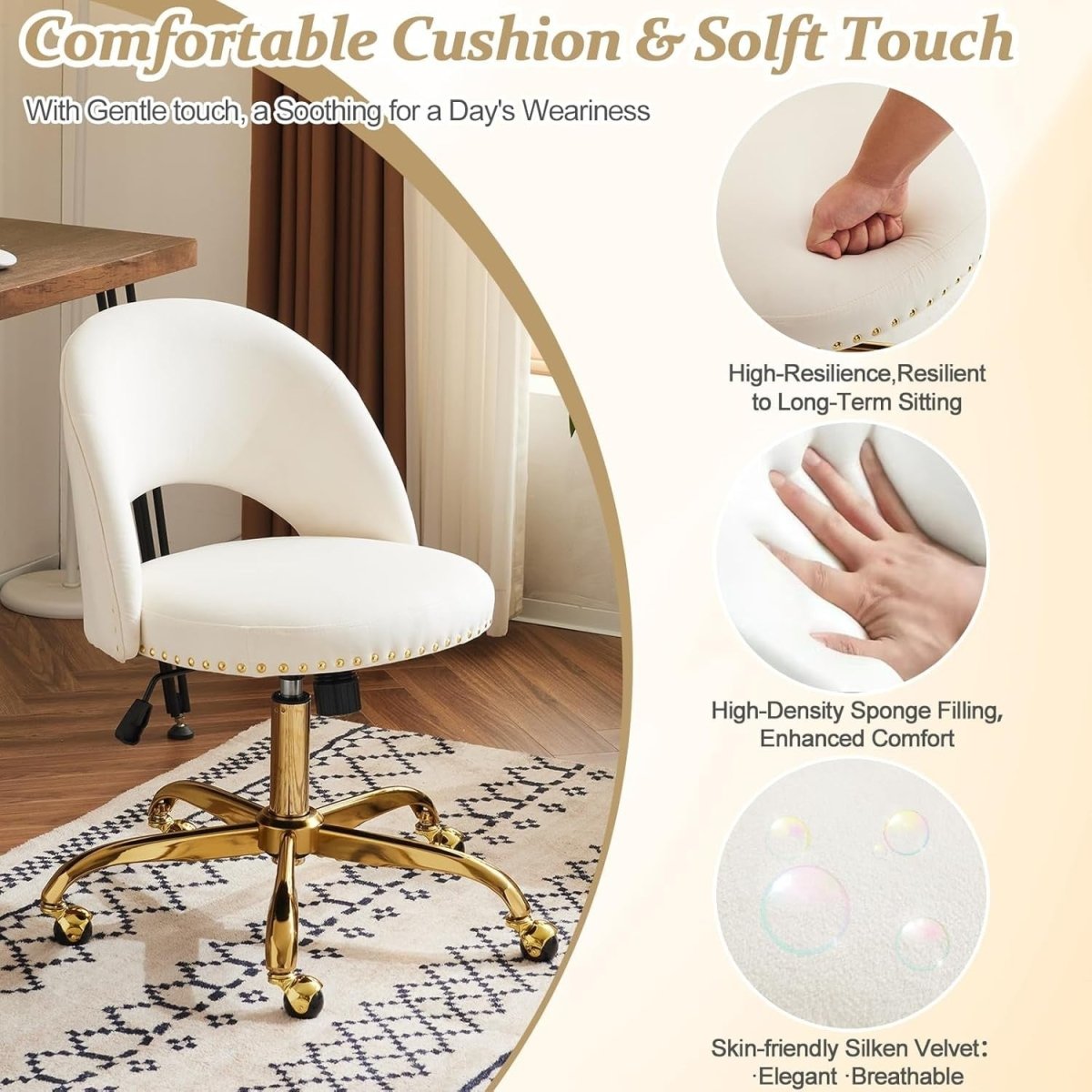White Velvet Swivel Desk Chair – Adjustable Height Armless Vanity Seat - Kwikley