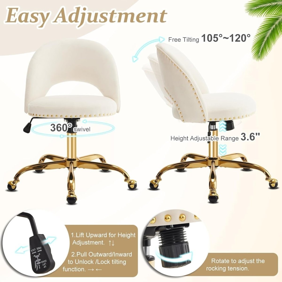 White Velvet Swivel Desk Chair – Adjustable Height Armless Vanity Seat - Kwikley