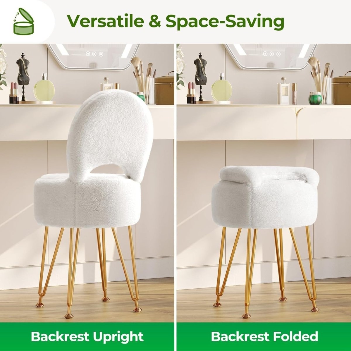 White Velvet Vanity Chair with Storage Foldable Backrest Footstool Small - Kwikley