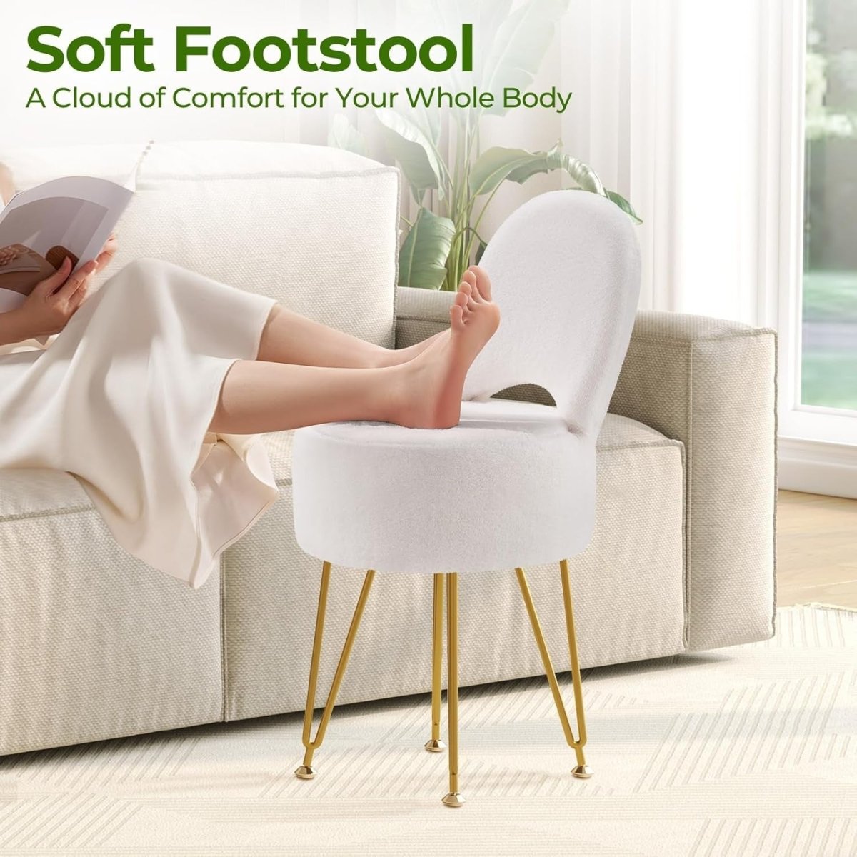 White Velvet Vanity Chair with Storage Foldable Backrest Footstool Small - Kwikley