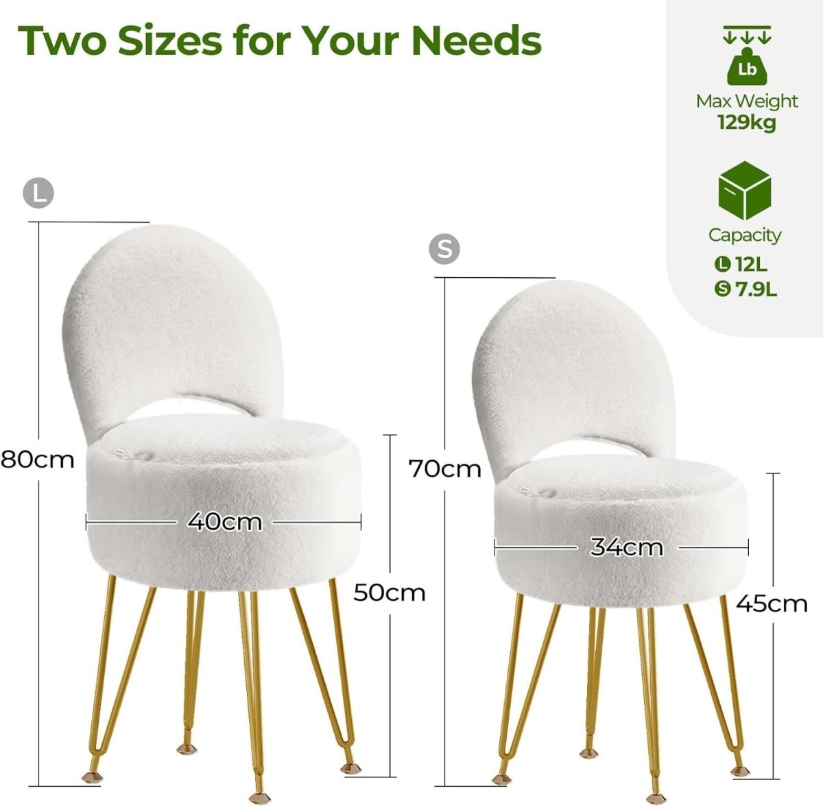White Velvet Vanity Chair with Storage Foldable Backrest Footstool Small - Kwikley
