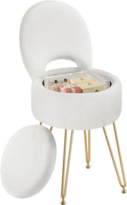 White Velvet Vanity Chair with Storage Foldable Backrest Footstool Small - Kwikley