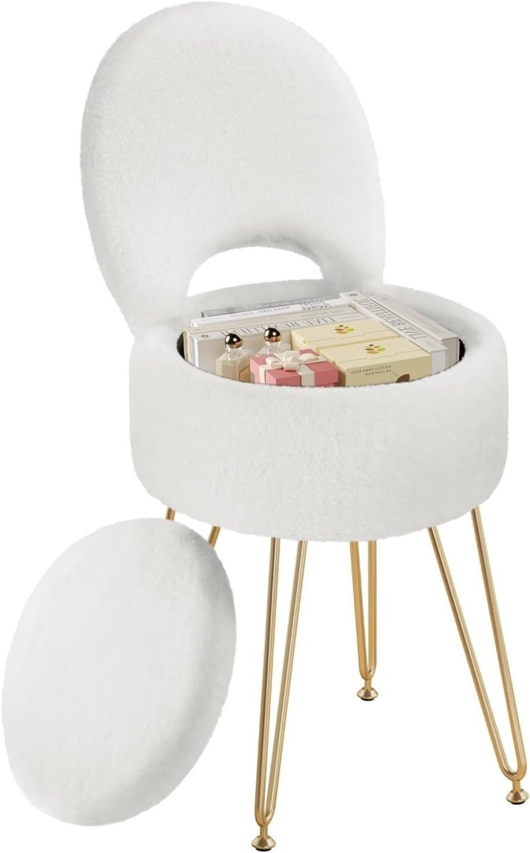 White Velvet Vanity Chair with Storage Foldable Backrest Footstool Small - Kwikley
