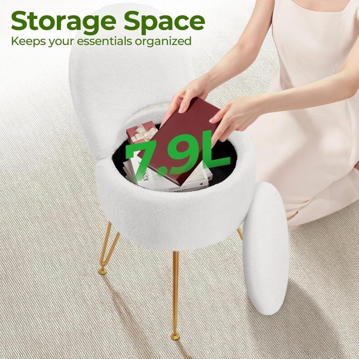 White Velvet Vanity Chair with Storage Foldable Backrest Footstool Small - Kwikley