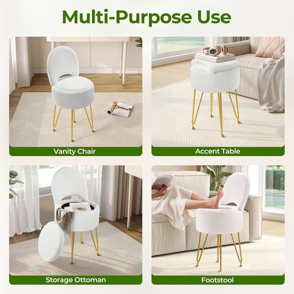White Velvet Vanity Chair with Storage Foldable Backrest Footstool Small - Kwikley