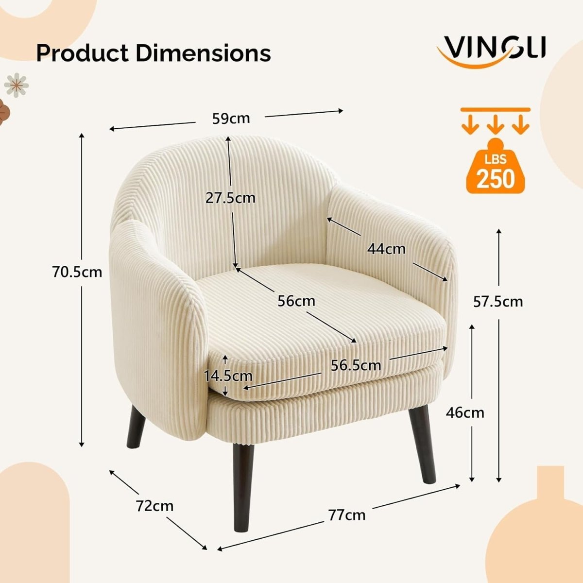 Wide Corduroy Armchair Modern Accent Chair Beige Wood Legs - Kwikley