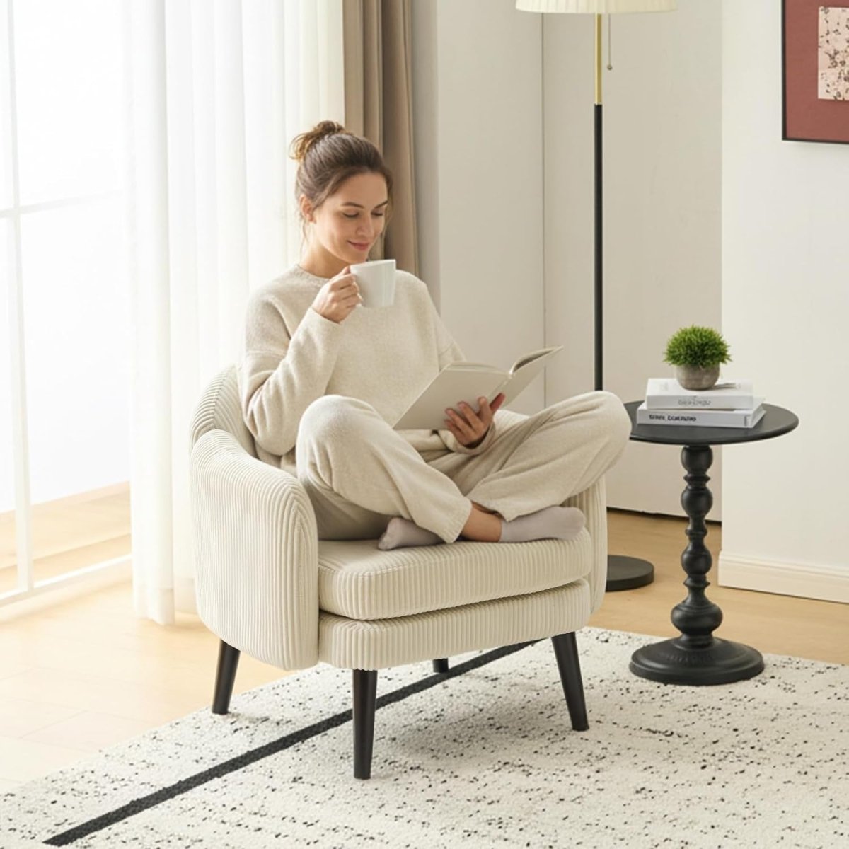 Wide Corduroy Armchair Modern Accent Chair Beige Wood Legs - Kwikley