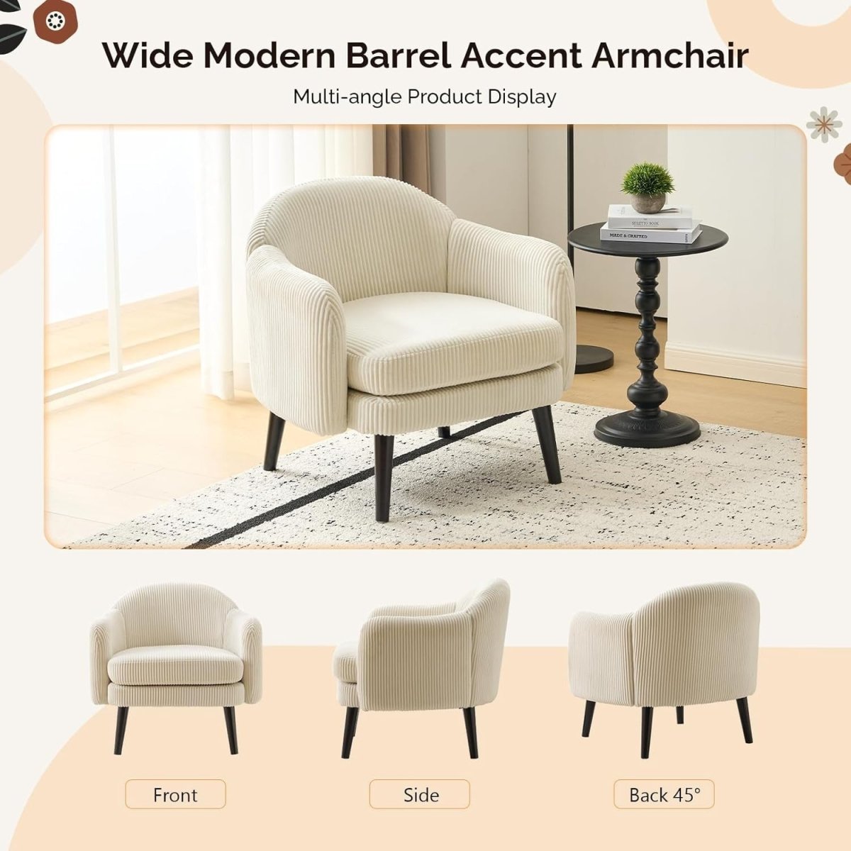 Wide Corduroy Armchair Modern Accent Chair Beige Wood Legs - Kwikley
