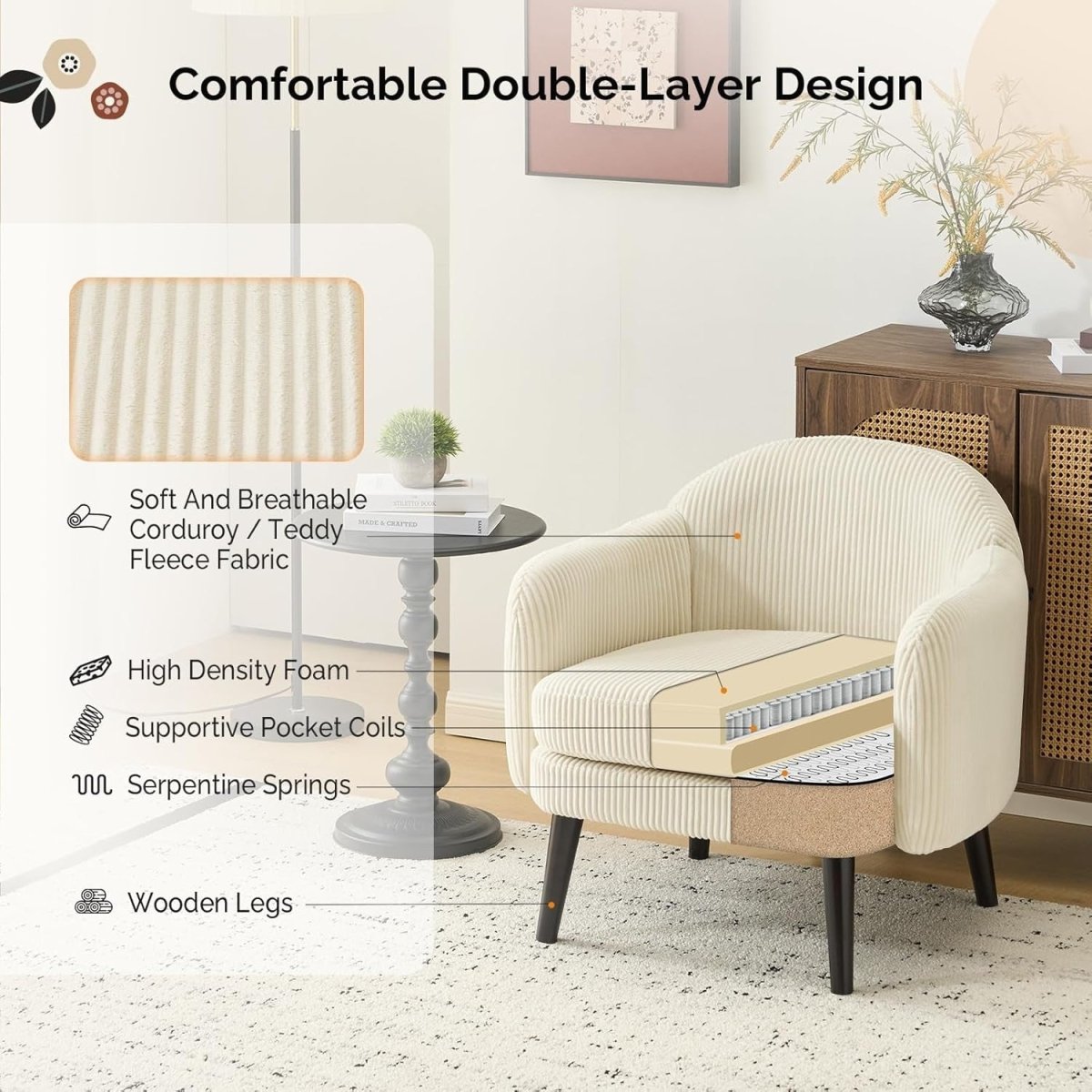 Wide Corduroy Armchair Modern Accent Chair Beige Wood Legs - Kwikley
