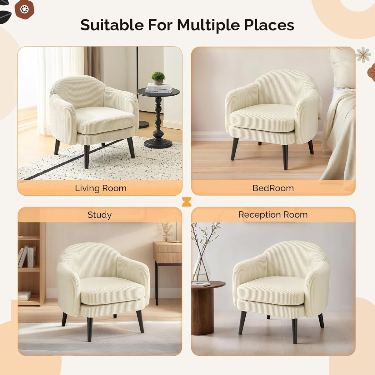 Wide Corduroy Armchair Modern Accent Chair Beige Wood Legs - Kwikley