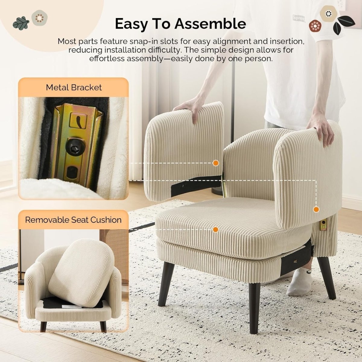 Wide Corduroy Armchair Modern Accent Chair Beige Wood Legs - Kwikley