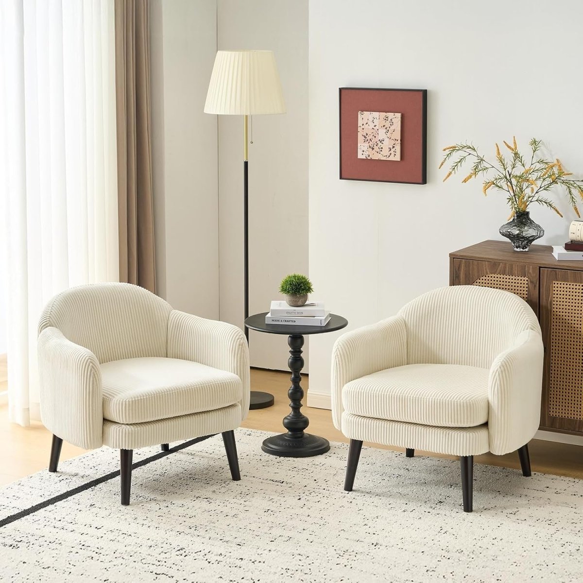 Wide Corduroy Armchair Modern Accent Chair Beige Wood Legs - Kwikley