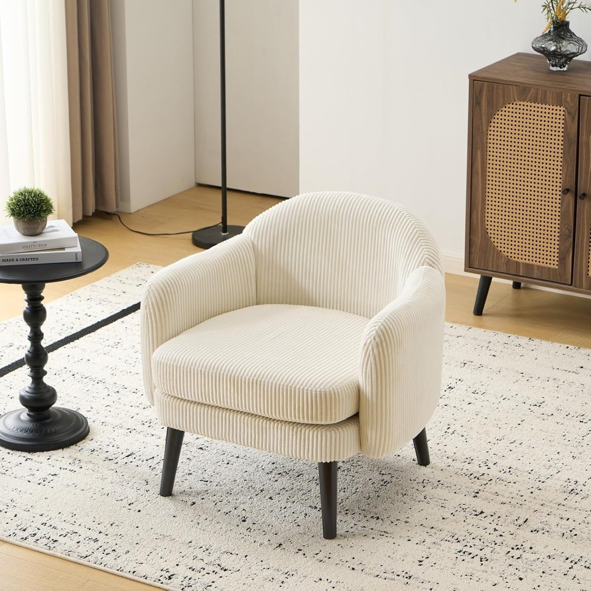 Wide Corduroy Armchair Modern Accent Chair Beige Wood Legs - Kwikley