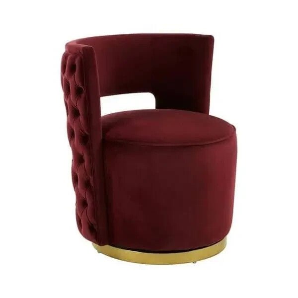 Wine Red Velvet Accent Chair with Gold Base | Modern Round Cocktail Chair - Kwikley