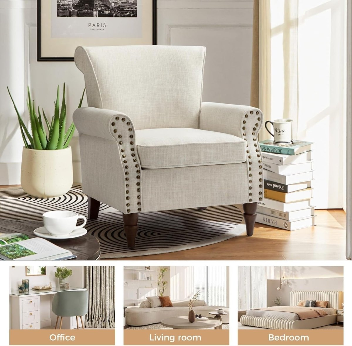 Wingback Accent Chair Comfy Upholstered Armchair Nailhead Lounge Sofa - Kwikley