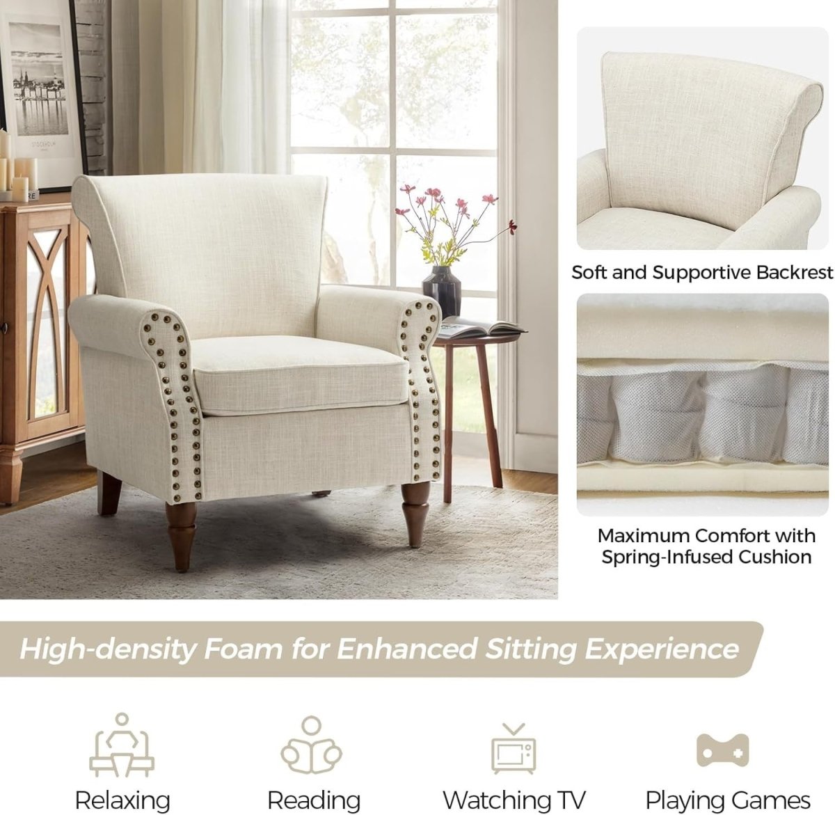 Wingback Accent Chair Comfy Upholstered Armchair Nailhead Lounge Sofa - Kwikley