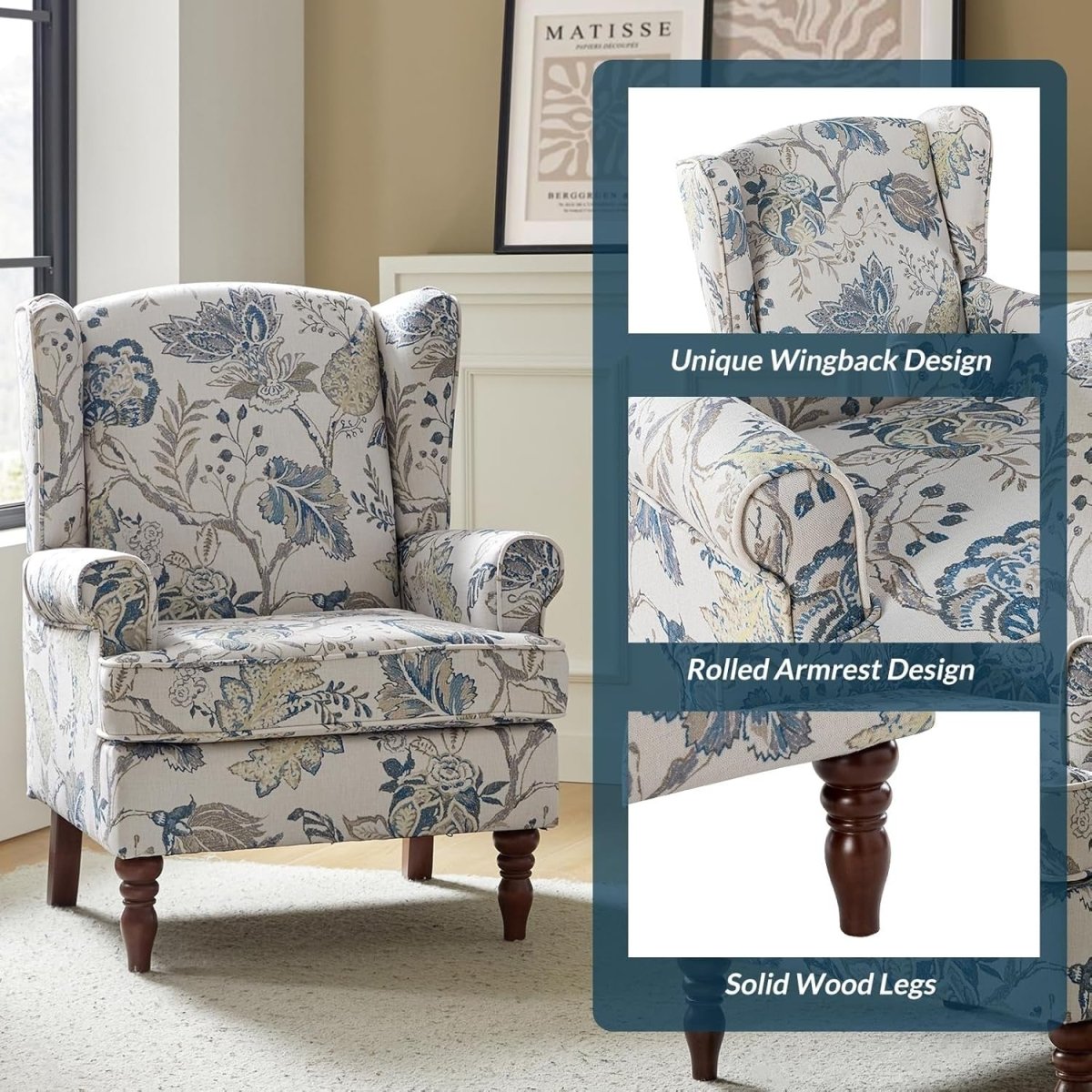 Wingback Accent Chair High Back Armchair Retro Wood Legs Blue - Kwikley