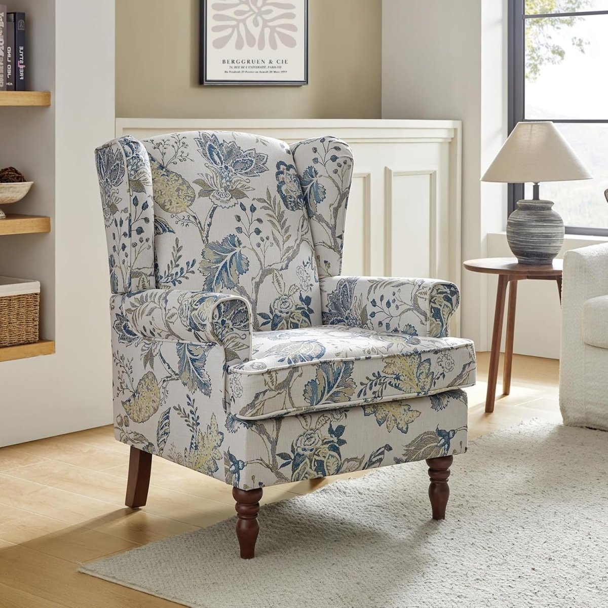 Wingback Accent Chair High Back Armchair Retro Wood Legs Blue - Kwikley