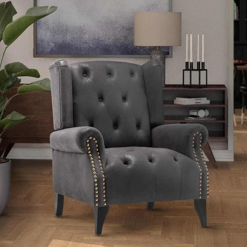 Wingback Armchair Grey Chesterfield Fireside High Back Accent Chair - Kwikley