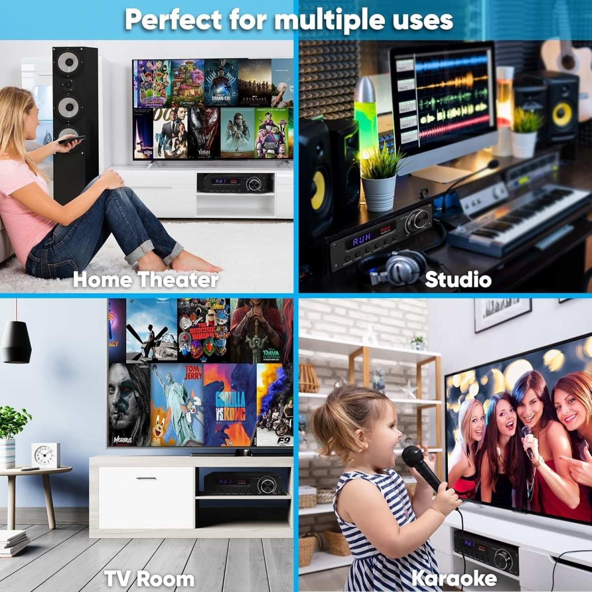 Wireless Bluetooth 5.1 Home Audio Amplifier 100W HDMI AUX - Kwikley