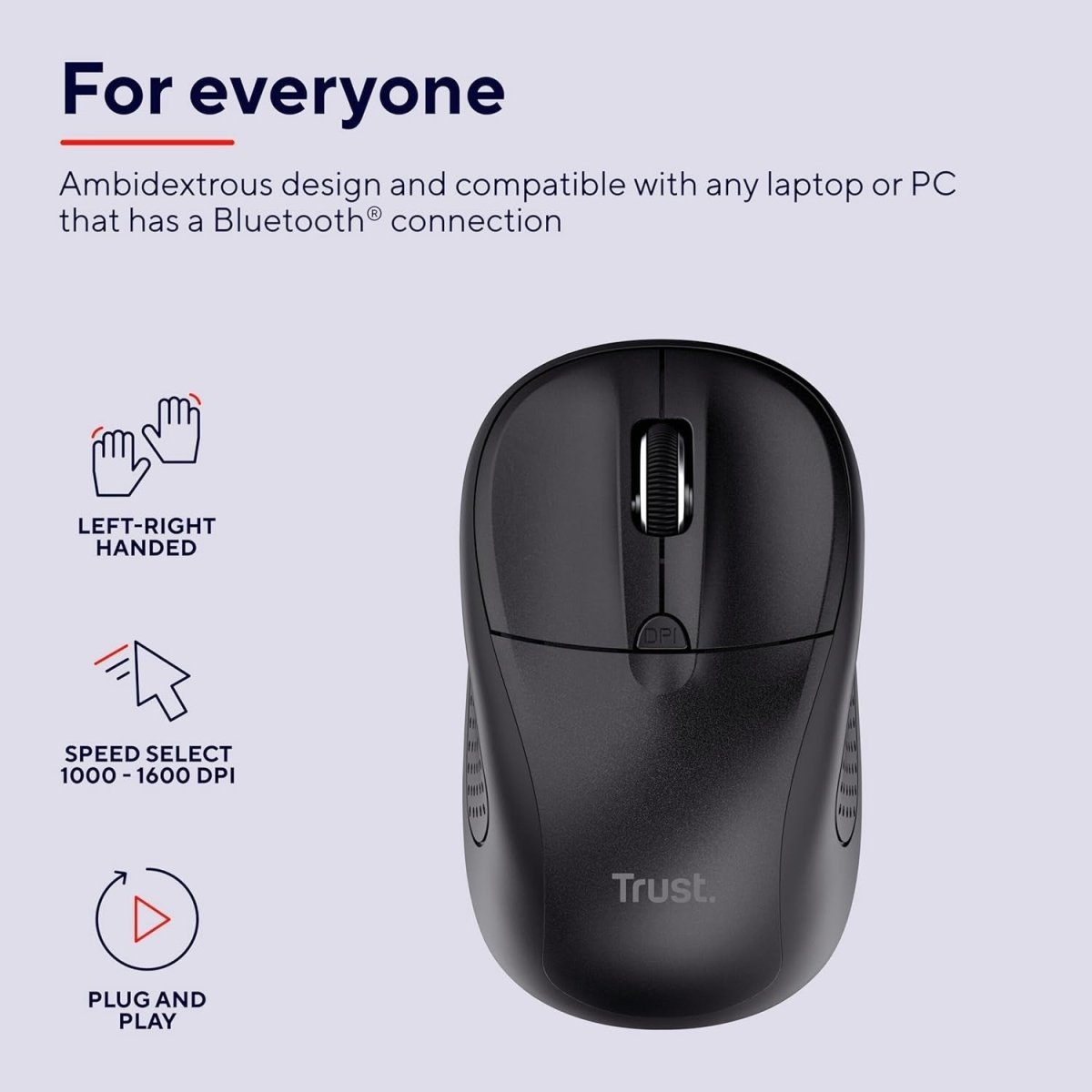 Wireless Bluetooth Mouse 1600 DPI Compact Silent PC Mac Black - Kwikley