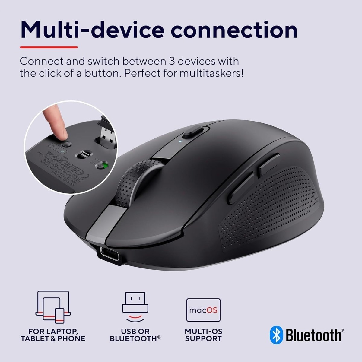 Wireless Bluetooth Silent Mouse Rechargeable Multi Device Black - Kwikley