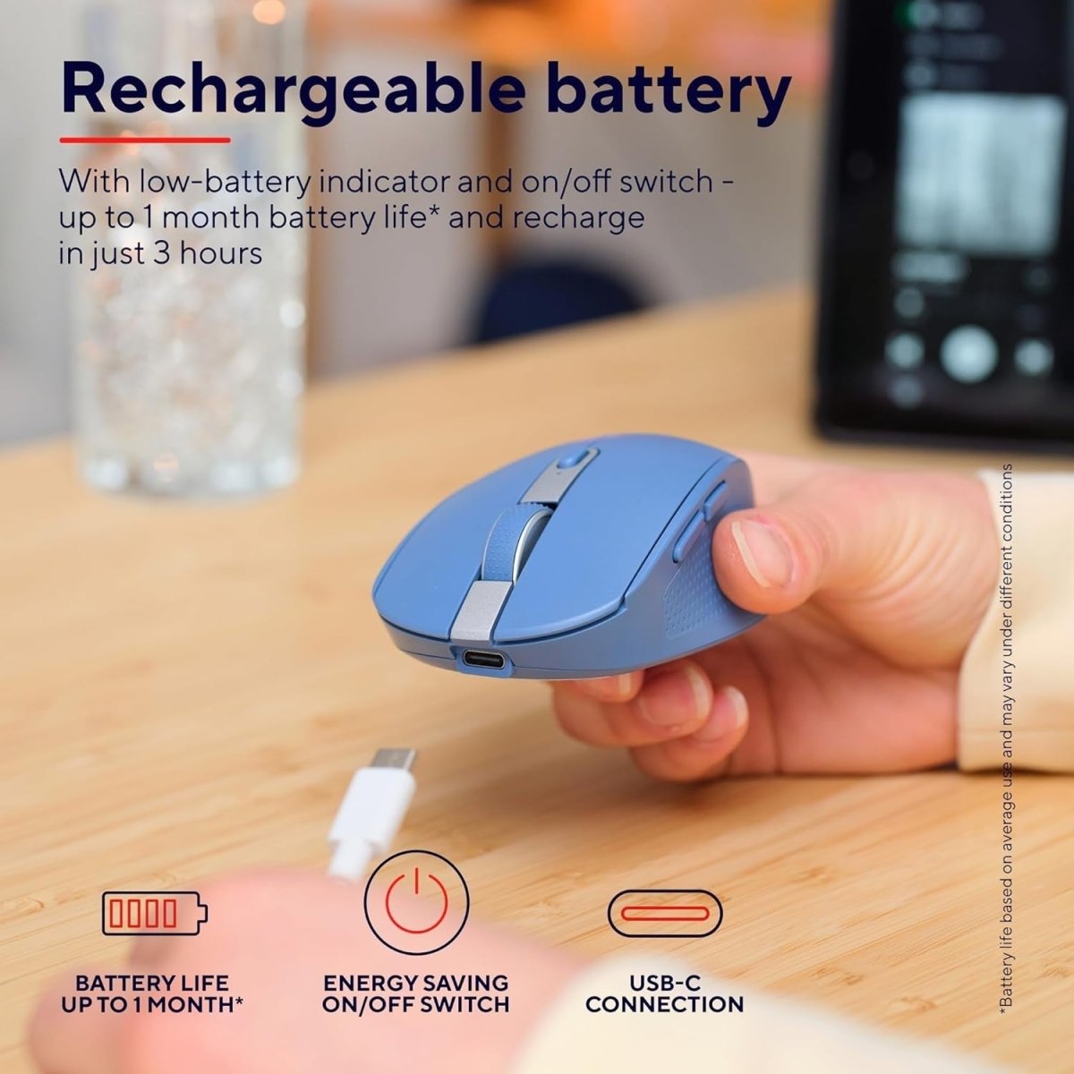 Wireless Bluetooth Silent Mouse Rechargeable Multi Device Blue - Kwikley
