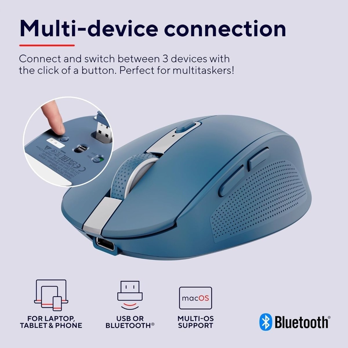 Wireless Bluetooth Silent Mouse Rechargeable Multi Device Blue - Kwikley
