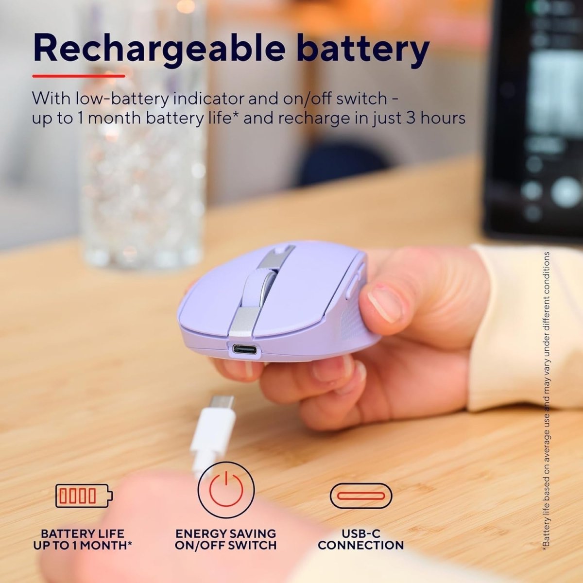 Wireless Bluetooth Silent Mouse Rechargeable Multi Device Purple - Kwikley