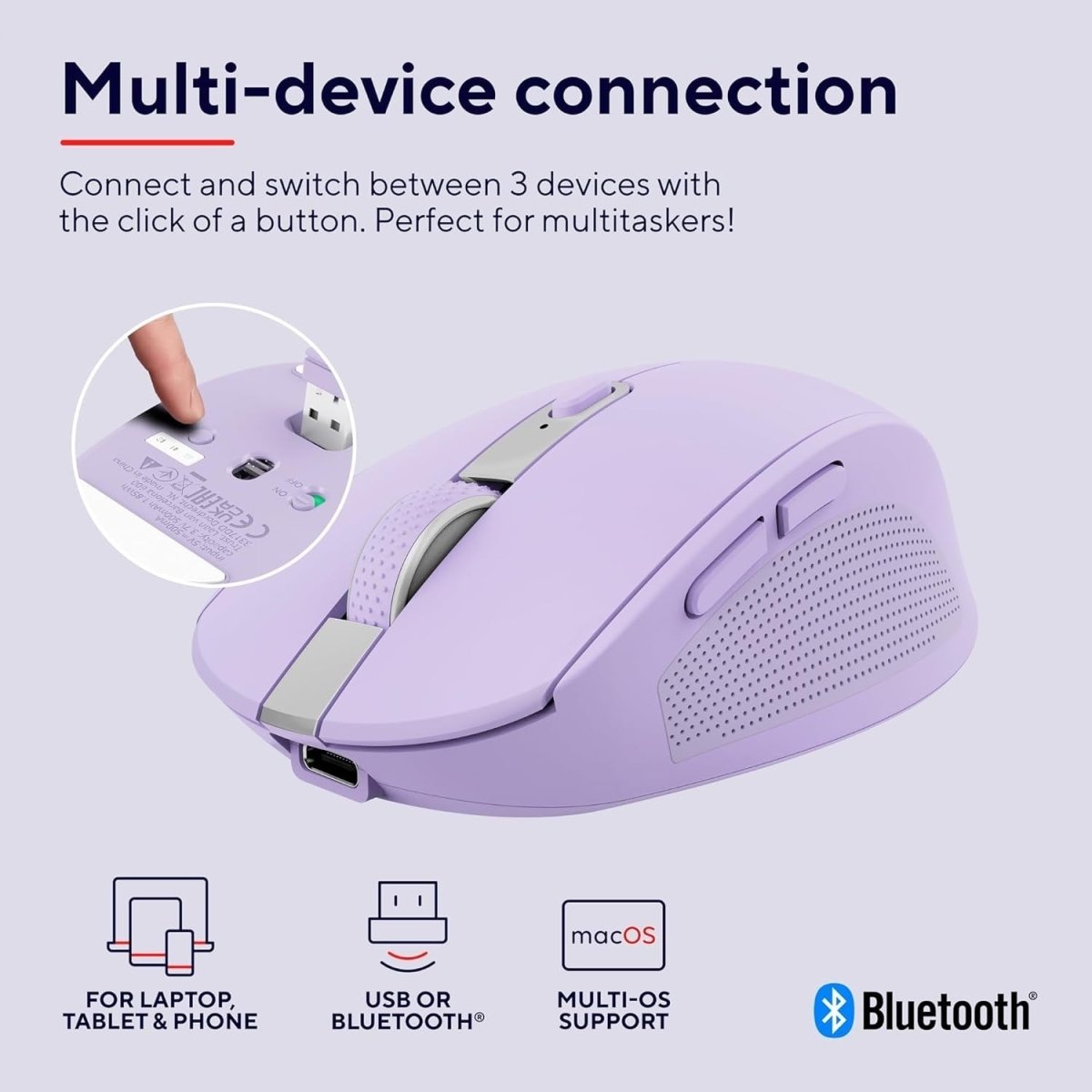 Wireless Bluetooth Silent Mouse Rechargeable Multi Device Purple - Kwikley