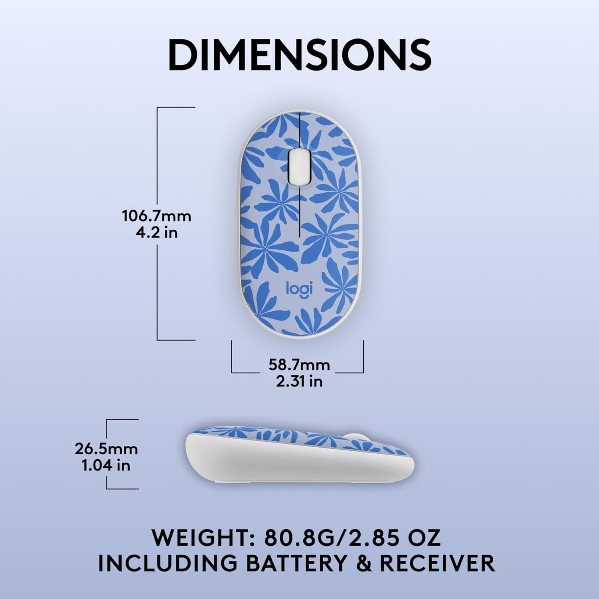 Wireless Silent Optical Mouse USB Receiver 10m Range Blue Floral - Kwikley