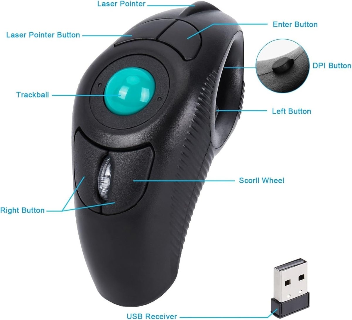 Wireless Trackball Mouse USB Handheld Ergonomic Thumb Control - Kwikley
