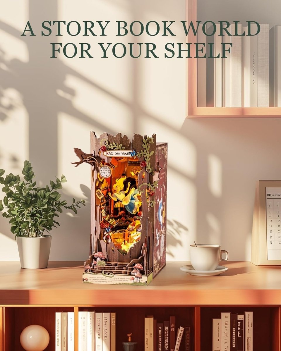 Wonderland Book Nook DIY Miniature House LED Wooden Puzzle Bookshelf Decor - Kwikley