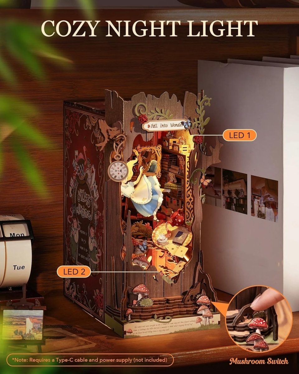 Wonderland Book Nook DIY Miniature House LED Wooden Puzzle Bookshelf Decor - Kwikley