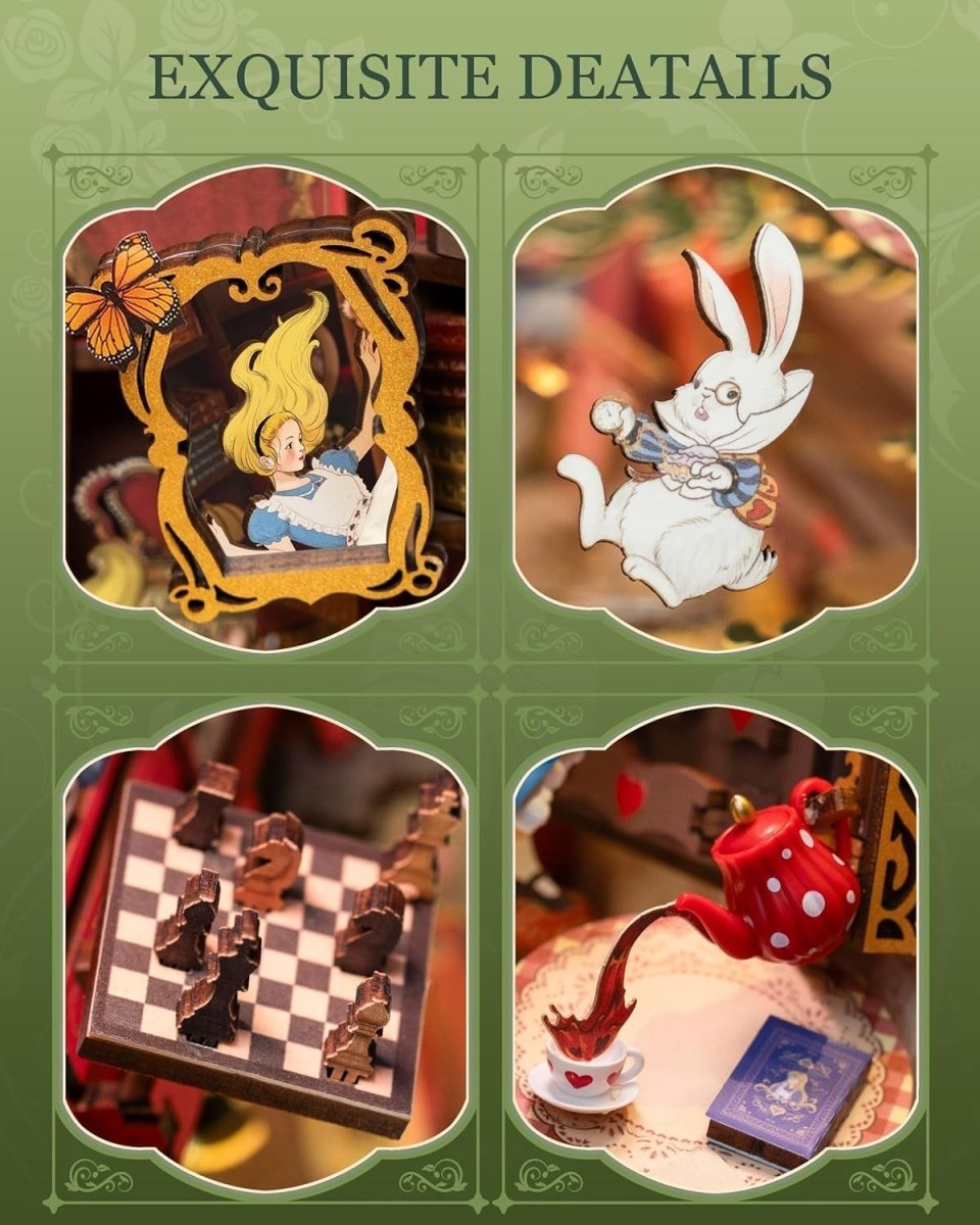 Wonderland Book Nook DIY Miniature House LED Wooden Puzzle Bookshelf Decor - Kwikley