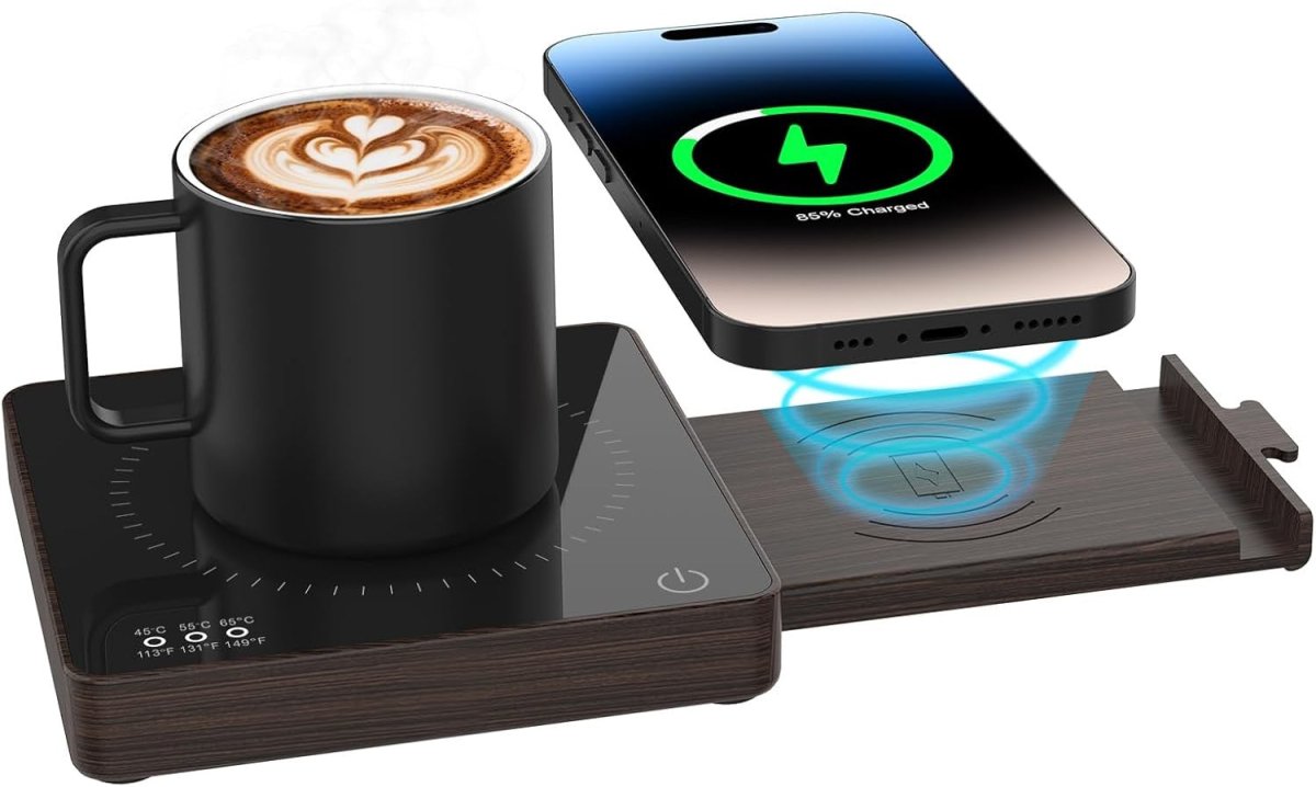 Wood Coffee Mug Warmer 15W Wireless Charger 3 Temp 8H Auto Off - Kwikley