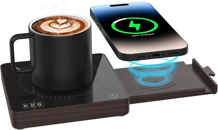 Wood Coffee Mug Warmer 15W Wireless Charger 3 Temp 8H Auto Off - Kwikley