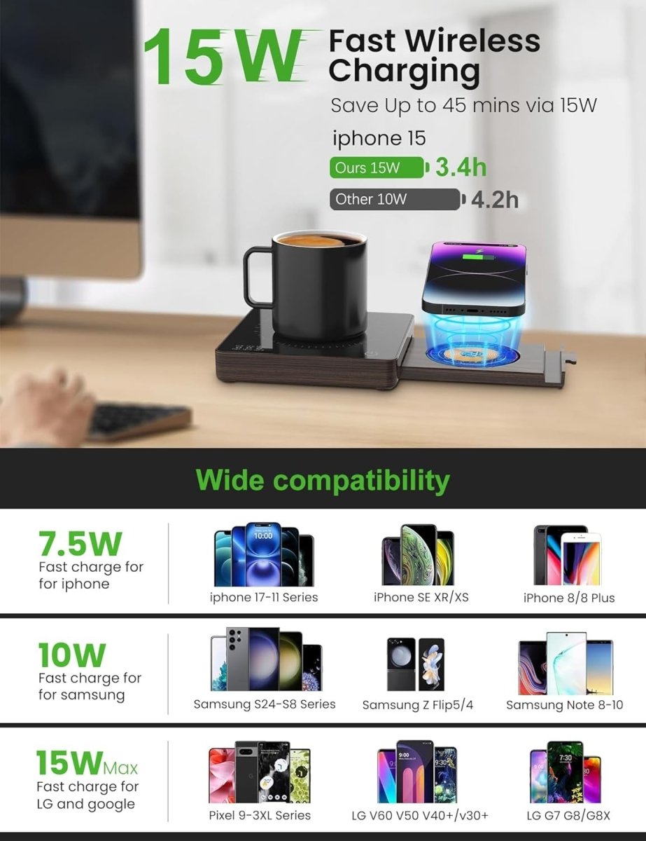 Wood Coffee Mug Warmer 15W Wireless Charger 3 Temp 8H Auto Off - Kwikley