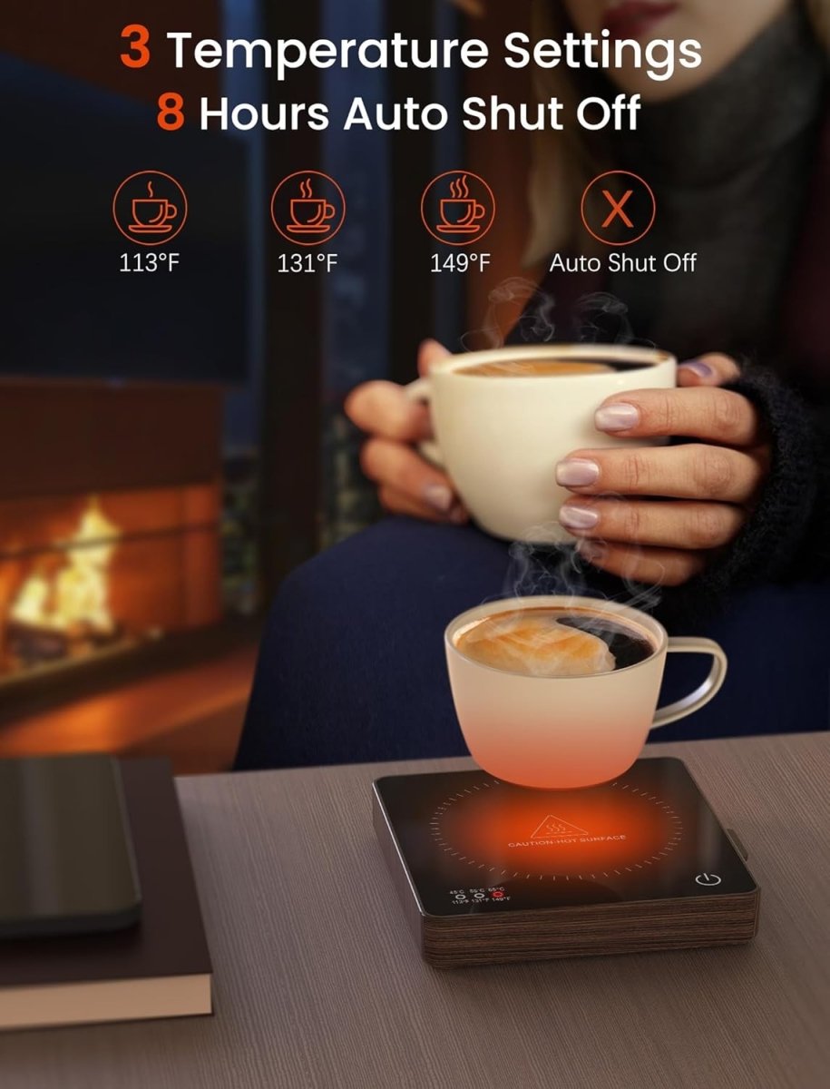Wood Coffee Mug Warmer 15W Wireless Charger 3 Temp 8H Auto Off - Kwikley