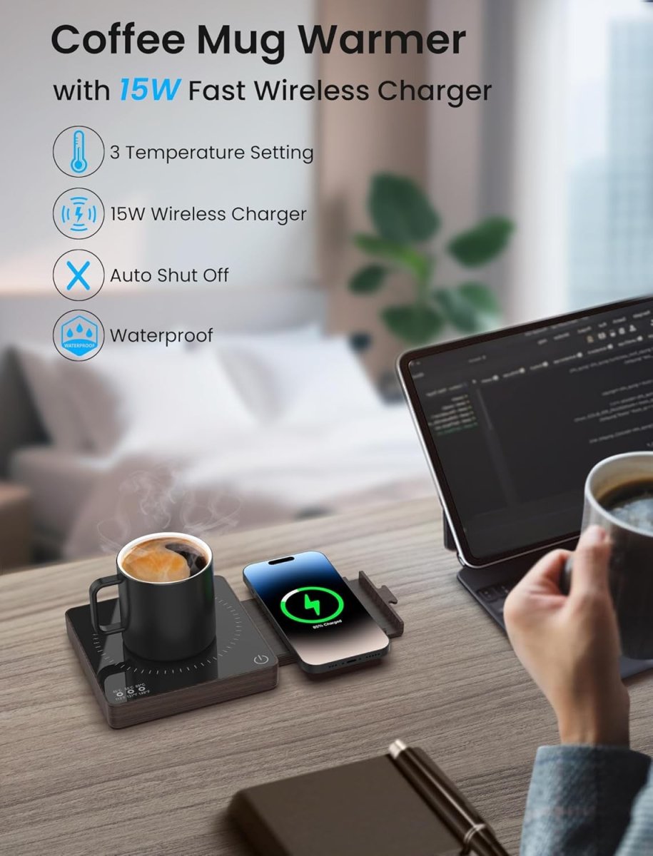 Wood Coffee Mug Warmer 15W Wireless Charger 3 Temp 8H Auto Off - Kwikley