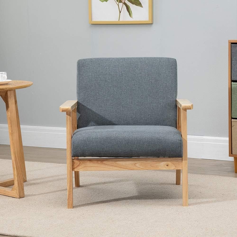 Wood Frame Accent Armchair Linen Lounge Chair Dark Grey - Kwikley