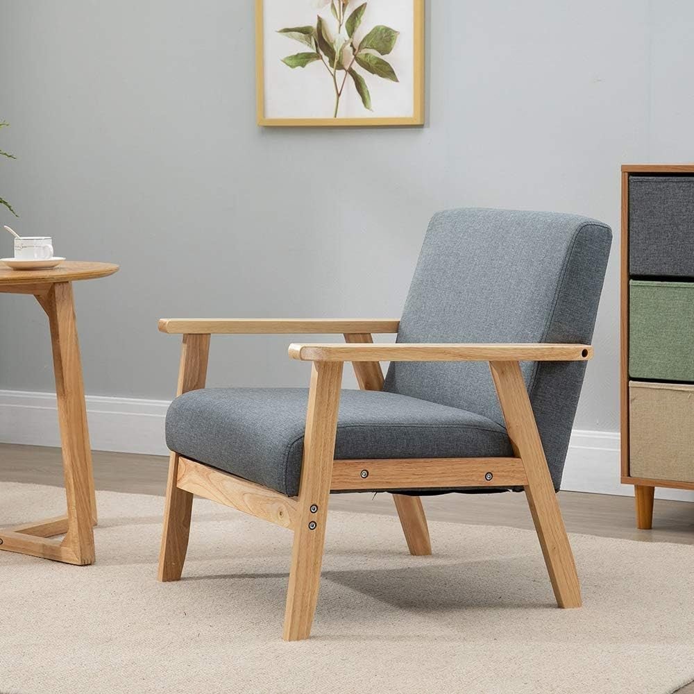 Wood Frame Accent Armchair Linen Lounge Chair Dark Grey - Kwikley