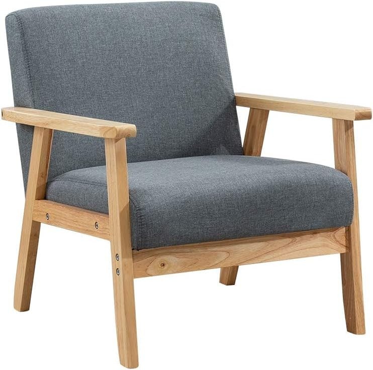 Wood Frame Accent Armchair Linen Lounge Chair Dark Grey - Kwikley