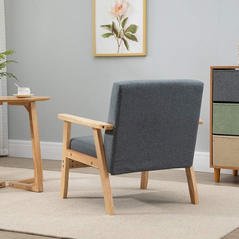 Wood Frame Accent Armchair Linen Lounge Chair Dark Grey - Kwikley