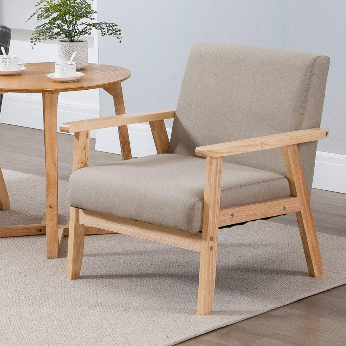 Wood Frame Accent Armchair Linen Lounge Chair Tan Living - Kwikley