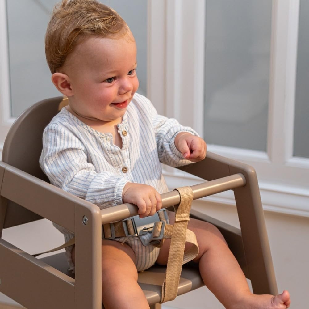 Wooden Baby High Chair Grey Stackable Toddler Feeding Seat w Safety Harness - Kwikley