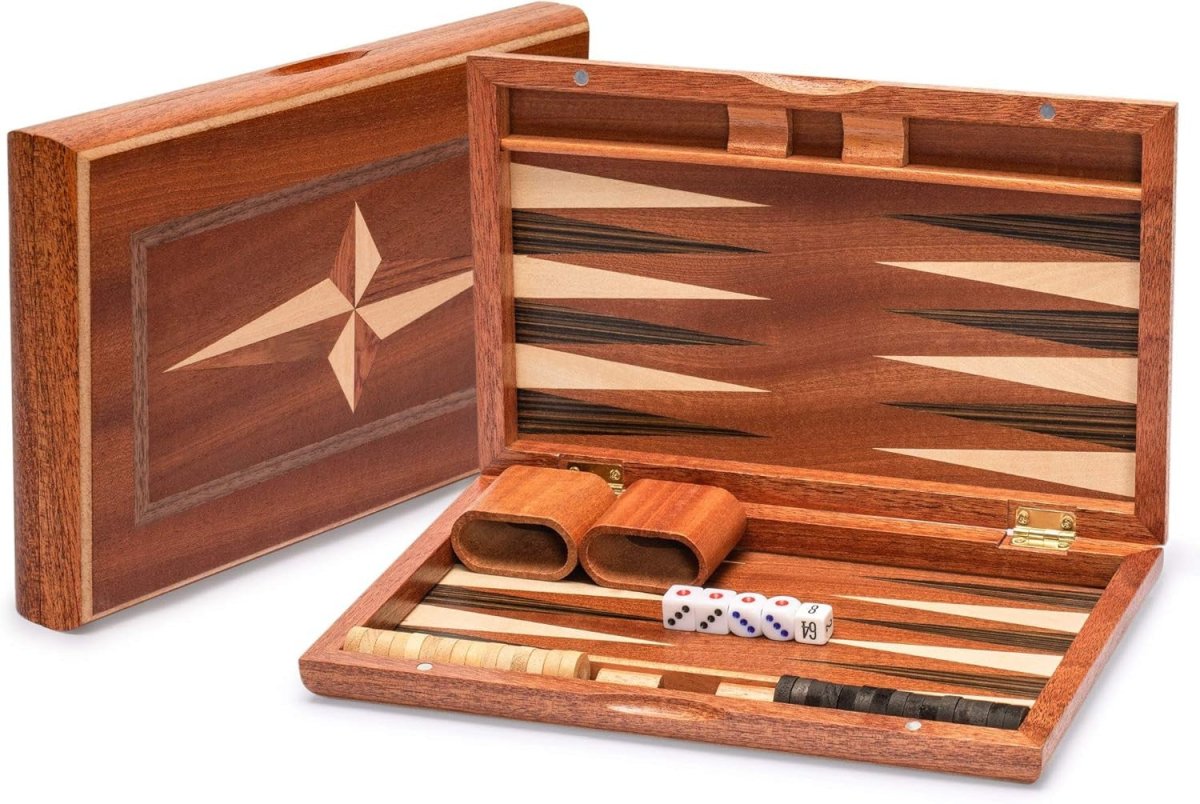 Wooden Backgammon Set 28cm Travel Board Game Inlaid Folding Case for 2 - Kwikley