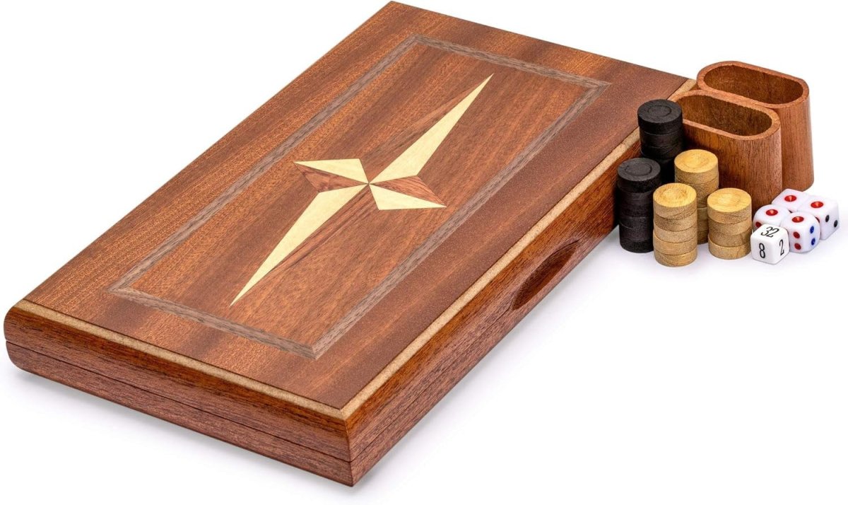 Wooden Backgammon Set 28cm Travel Board Game Inlaid Folding Case for 2 - Kwikley