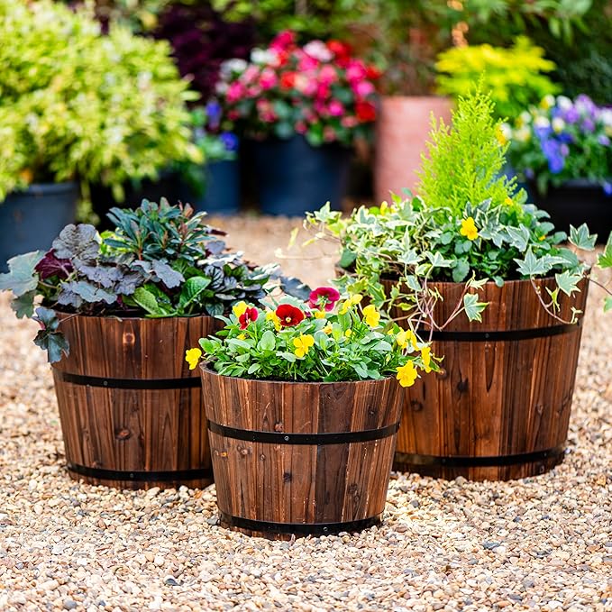 Wooden Barrel Planter Rustic Garden Pot Oak Style 30cm - Kwikley