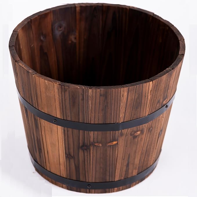Wooden Barrel Planter Rustic Garden Pot Oak Style 30cm - Kwikley